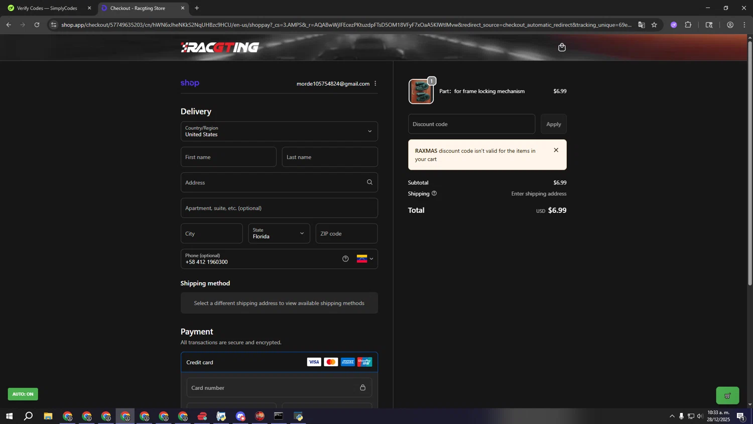 Racgting promo code screenshot showing code RAXMAS applied at Racgting checkout page. Uploaded by SimplyCodes community member gggggggggggggggggggggg on Dec 28, 2025