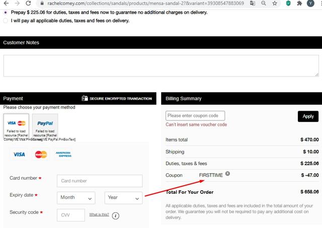 Rachel Comey checkout page showing Rachel Comey discount code box | Screenshot taken by SimplyCodes community member on May 20, 2021