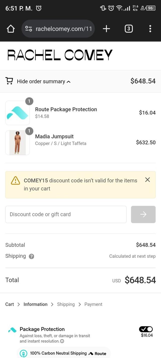 Rachel Comey checkout page showing Rachel Comey discount code box | Screenshot taken by SimplyCodes community member on Nov 16, 2023
