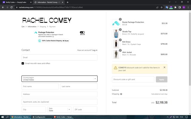 Rachel Comey checkout page showing Rachel Comey discount code box | Screenshot taken by SimplyCodes community member on Oct 23, 2023