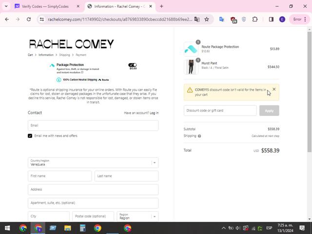 Rachel Comey checkout page showing Rachel Comey discount code box | Screenshot taken by SimplyCodes community member on Jan 13, 2024