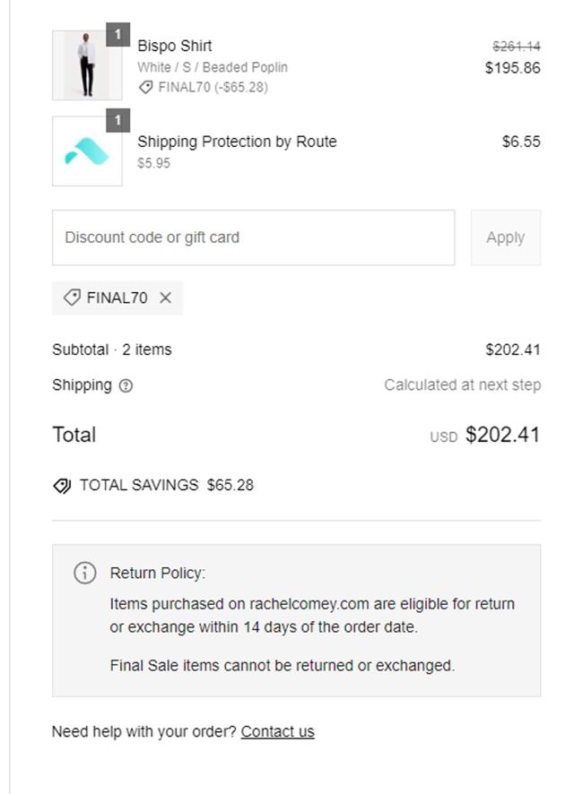 Rachel Comey checkout page showing Rachel Comey discount code box | Screenshot taken by SimplyCodes community member on Jan 31, 2025
