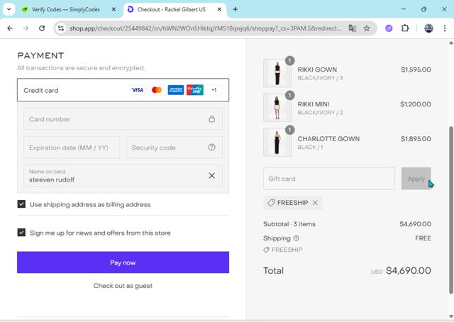 Rachel Gilbert checkout page showing Rachel Gilbert discount code box | Screenshot taken by SimplyCodes community member on Sep 2, 2025