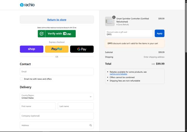 Rachio checkout page showing Rachio discount code box | Screenshot taken by SimplyCodes community member on Aug 29, 2025