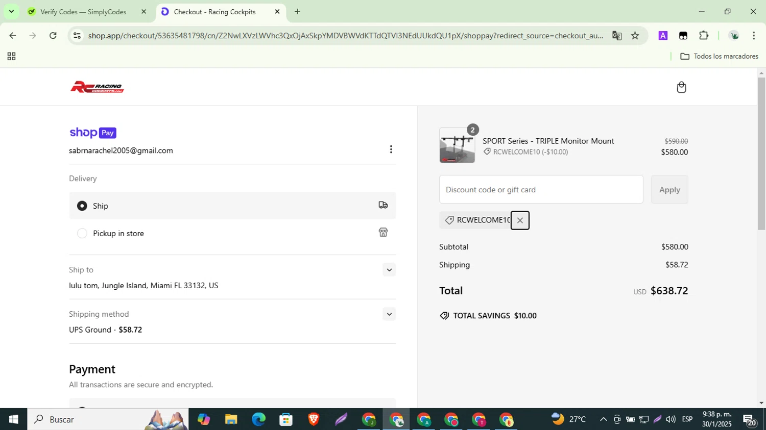 Racing Cockpits promo code screenshot showing code RCWELCOME10 applied at Racing Cockpits checkout page. Uploaded by SimplyCodes community member ShrewdSaver8478 on Jan 31, 2025