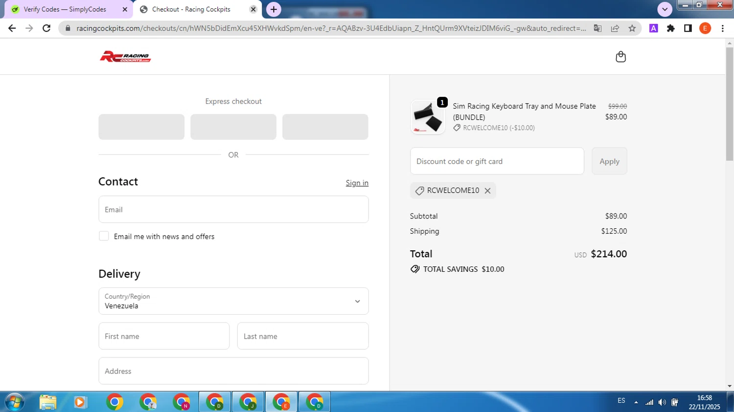 Racing Cockpits promo code screenshot showing code RCWELCOME10 applied at Racing Cockpits checkout page. Uploaded by SimplyCodes community member VoucherScout5024 on Nov 22, 2025