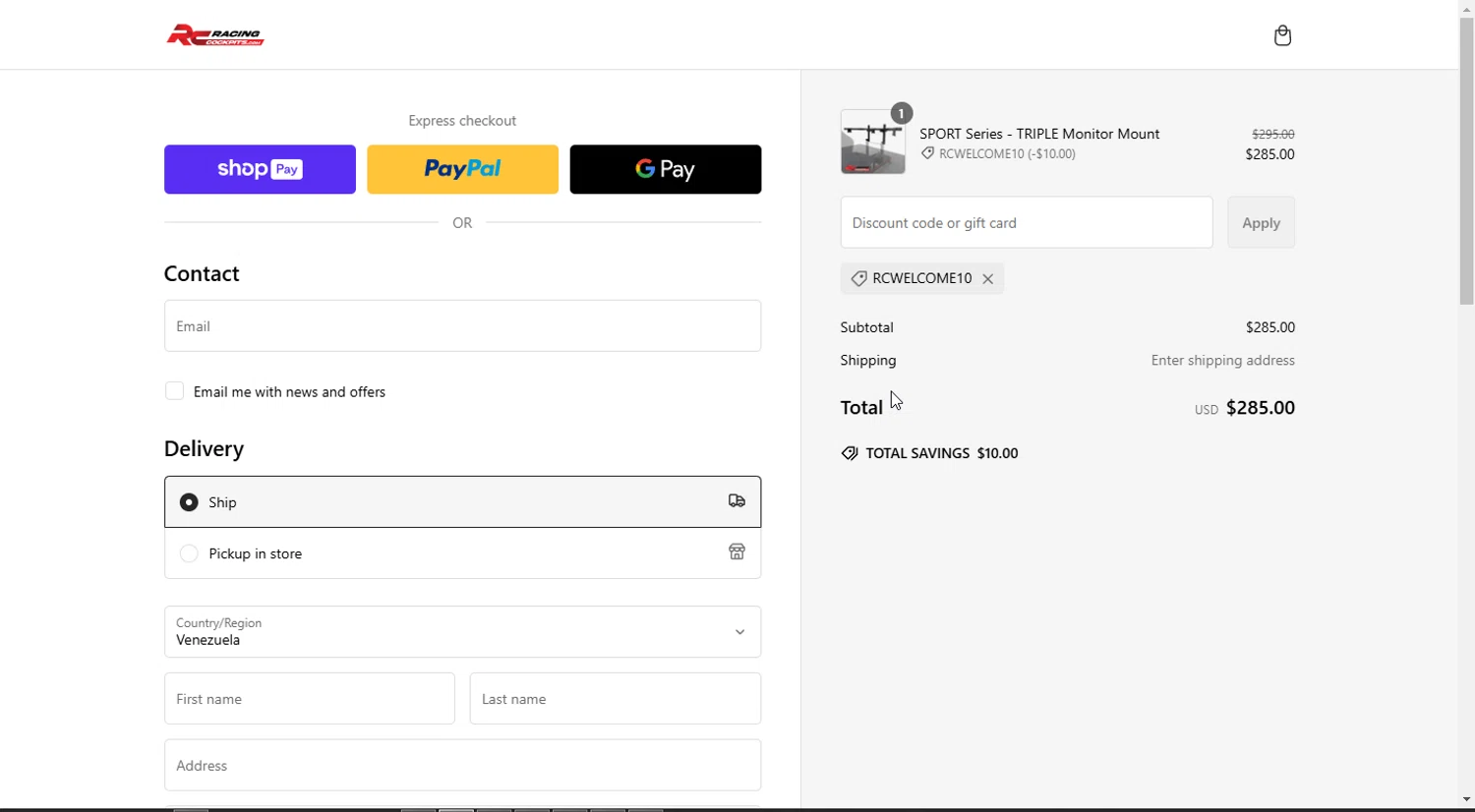 Racing Cockpits promo code screenshot showing code RCWELCOME10 applied at Racing Cockpits checkout page. Uploaded by SimplyCodes community member Rayyyyyy on Jan 31, 2025