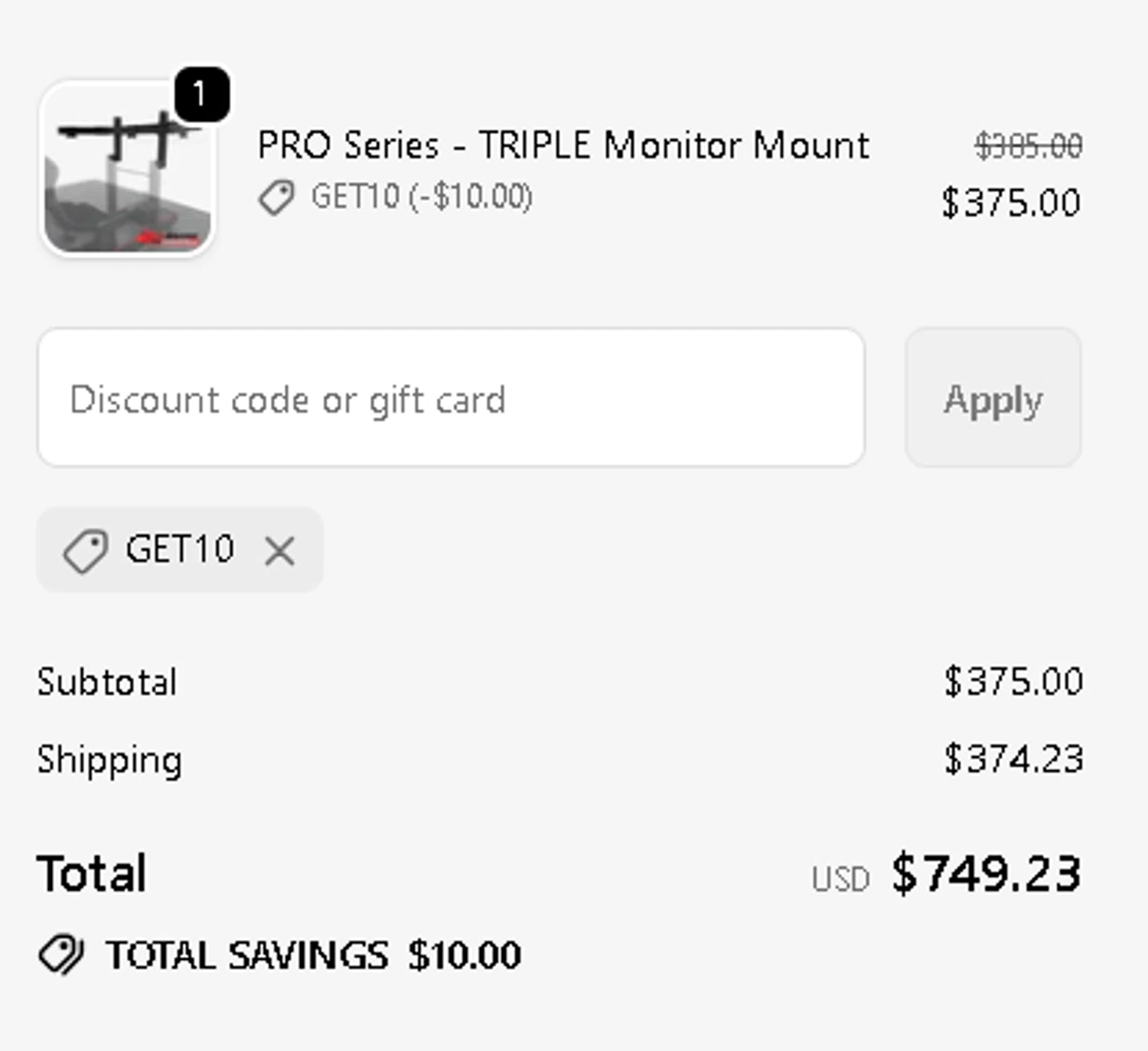 Racing Cockpits promo code screenshot showing code GET10 applied at Racing Cockpits checkout page. Uploaded by SimplyCodes community member MightyPhoenix5865 on Nov 22, 2025
