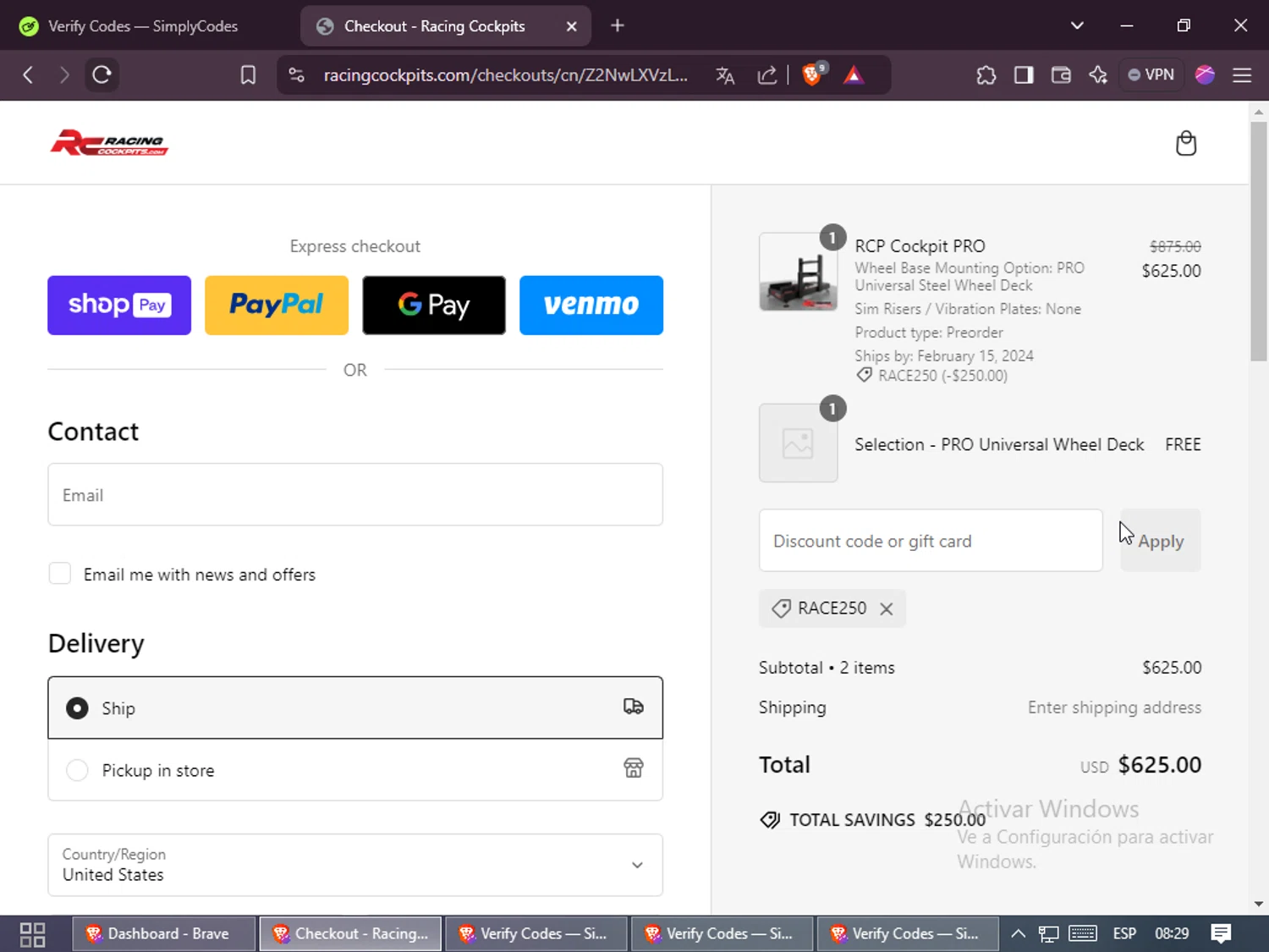 Racing Cockpits promo code screenshot showing code RACE250 applied at Racing Cockpits checkout page. Uploaded by SimplyCodes community member Rayyyyyy on Jan 2, 2025