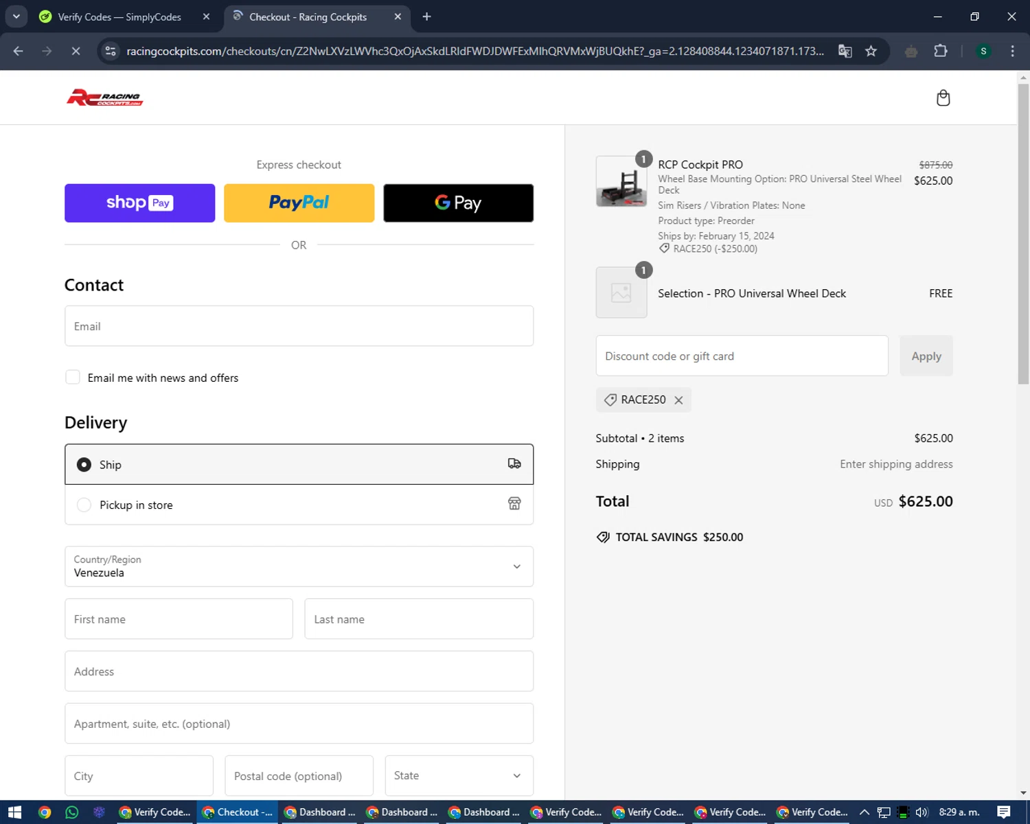Racing Cockpits promo code screenshot showing code RACE250 applied at Racing Cockpits checkout page. Uploaded by SimplyCodes community member lilMosey on Jan 2, 2025