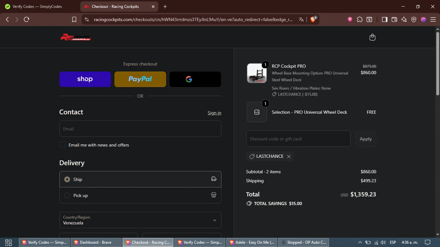 Racing Cockpits promo code screenshot showing code LASTCHANCE applied at Racing Cockpits checkout page. Uploaded by SimplyCodes community member Alfred on Oct 13, 2025