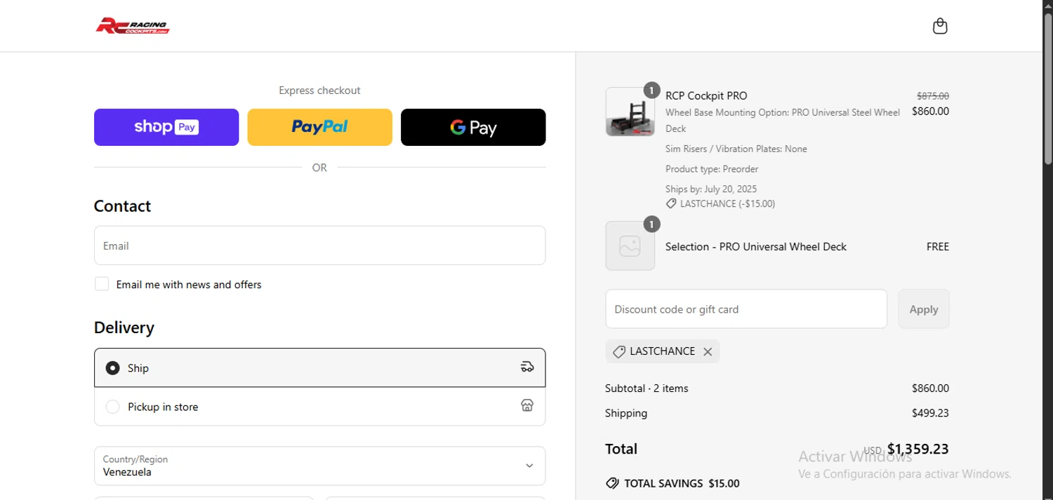 Racing Cockpits promo code screenshot showing code LASTCHANCE applied at Racing Cockpits checkout page. Uploaded by SimplyCodes community member BrilliantGenius7871 on Jun 17, 2025