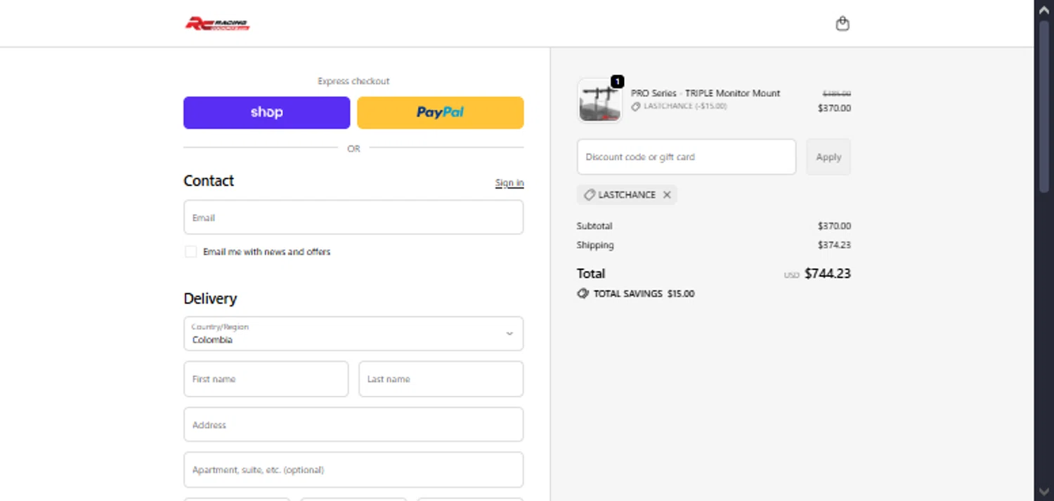 Racing Cockpits promo code screenshot showing code LASTCHANCE applied at Racing Cockpits checkout page. Uploaded by SimplyCodes community member TraxoGamer on Dec 3, 2025