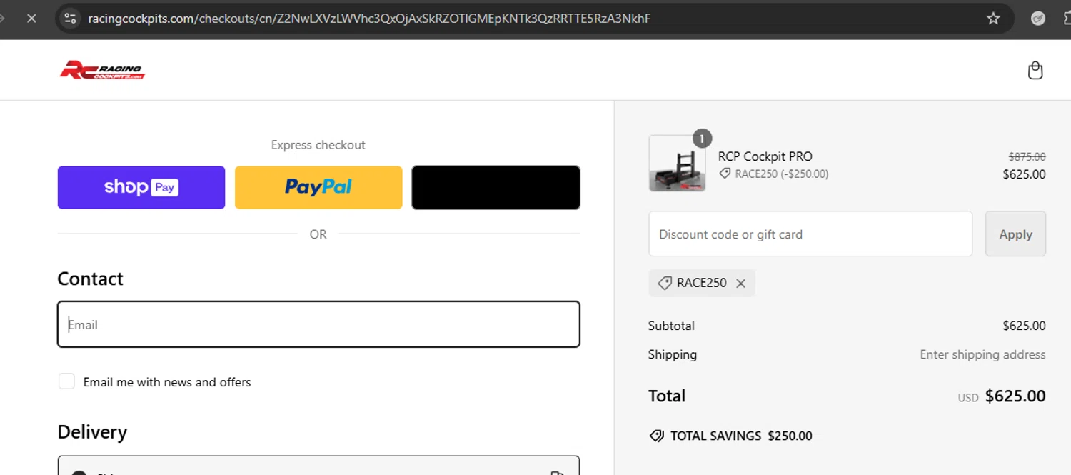 Racing Cockpits promo code screenshot showing code RACE250 applied at Racing Cockpits checkout page. Uploaded by SimplyCodes community member argenygalvez on Dec 4, 2024