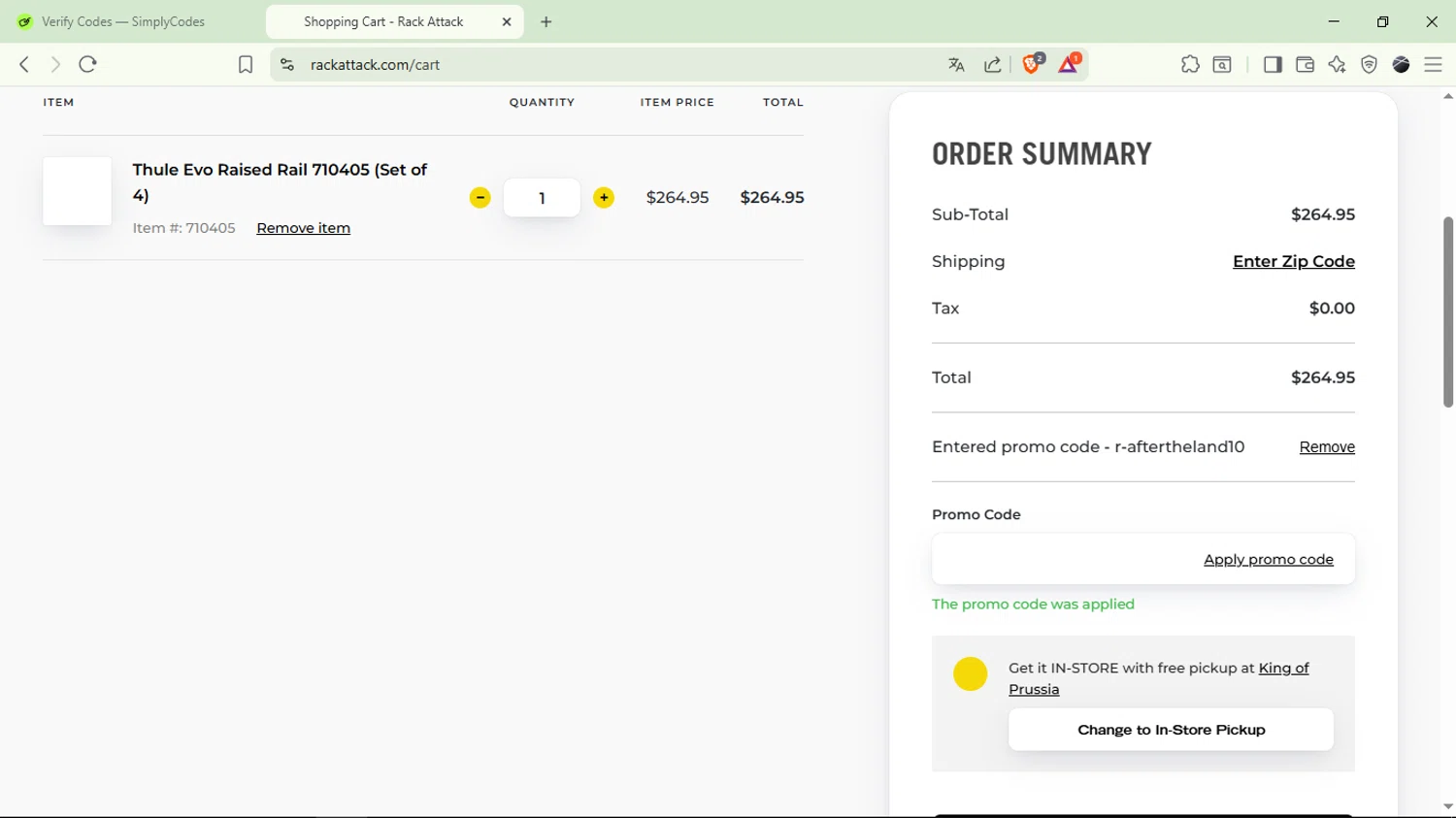Rack Attack promo code screenshot showing code r-aftertheland10 applied at Rack Attack checkout page. Uploaded by SimplyCodes community member EpicTiger6039 on Jul 21, 2025