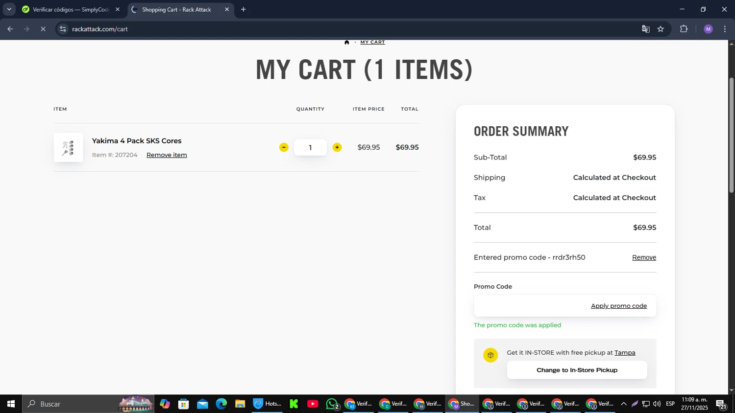 Rack Attack promo code screenshot showing code RRDR3RH50 applied at Rack Attack checkout page. Uploaded by SimplyCodes community member CouponGuardian8137 on Nov 27, 2025