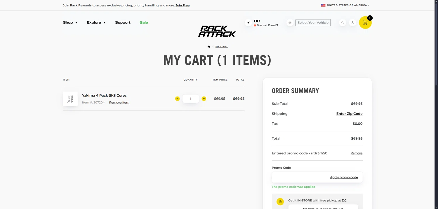 Rack Attack promo code screenshot showing code RRDR3RH50 applied at Rack Attack checkout page. Uploaded by SimplyCodes community member Dorothy on Sep 30, 2025