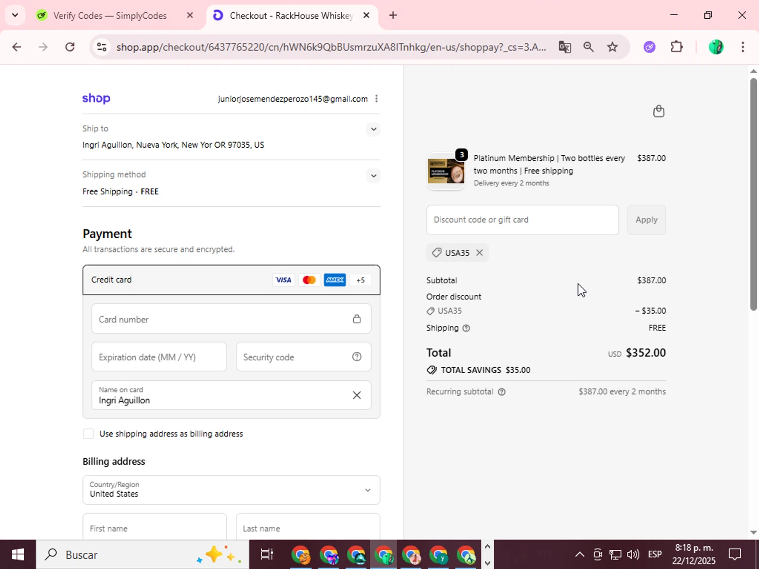 RackHouse Whiskey Club promo code screenshot showing code USA35 applied at RackHouse Whiskey Club checkout page. Uploaded by SimplyCodes community member FortunateMaven5954 on Dec 23, 2025