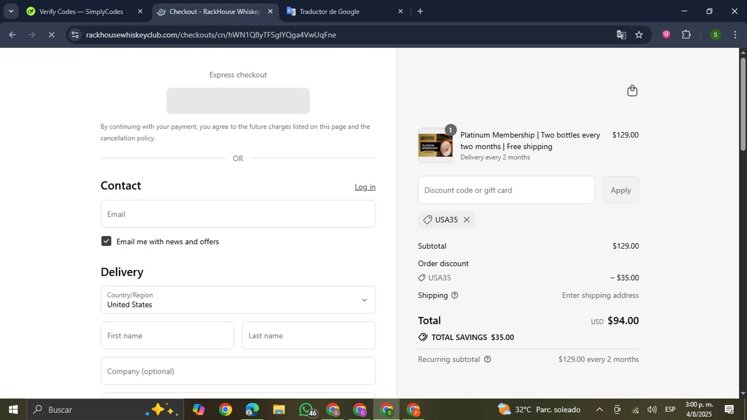 RackHouse Whiskey Club promo code screenshot showing code USA35 applied at RackHouse Whiskey Club checkout page. Uploaded by SimplyCodes community member RewardMaverick445 on Aug 4, 2025