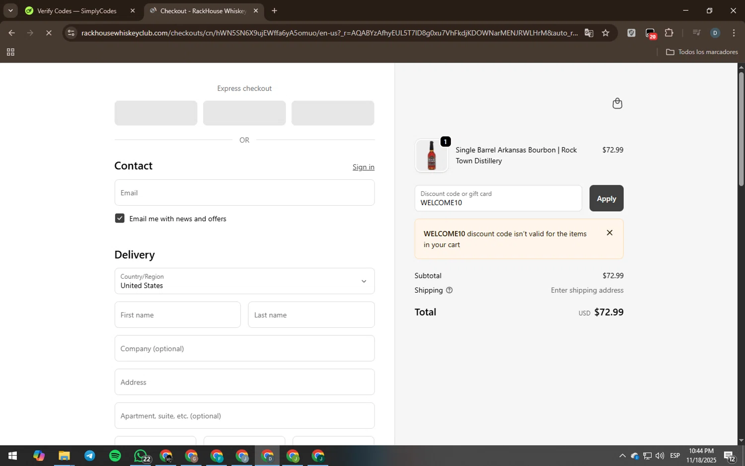 RackHouse Whiskey Club promo code screenshot showing code WELCOME10 applied at RackHouse Whiskey Club checkout page. Uploaded by SimplyCodes community member Rei_Chikita_uwu on Nov 19, 2025