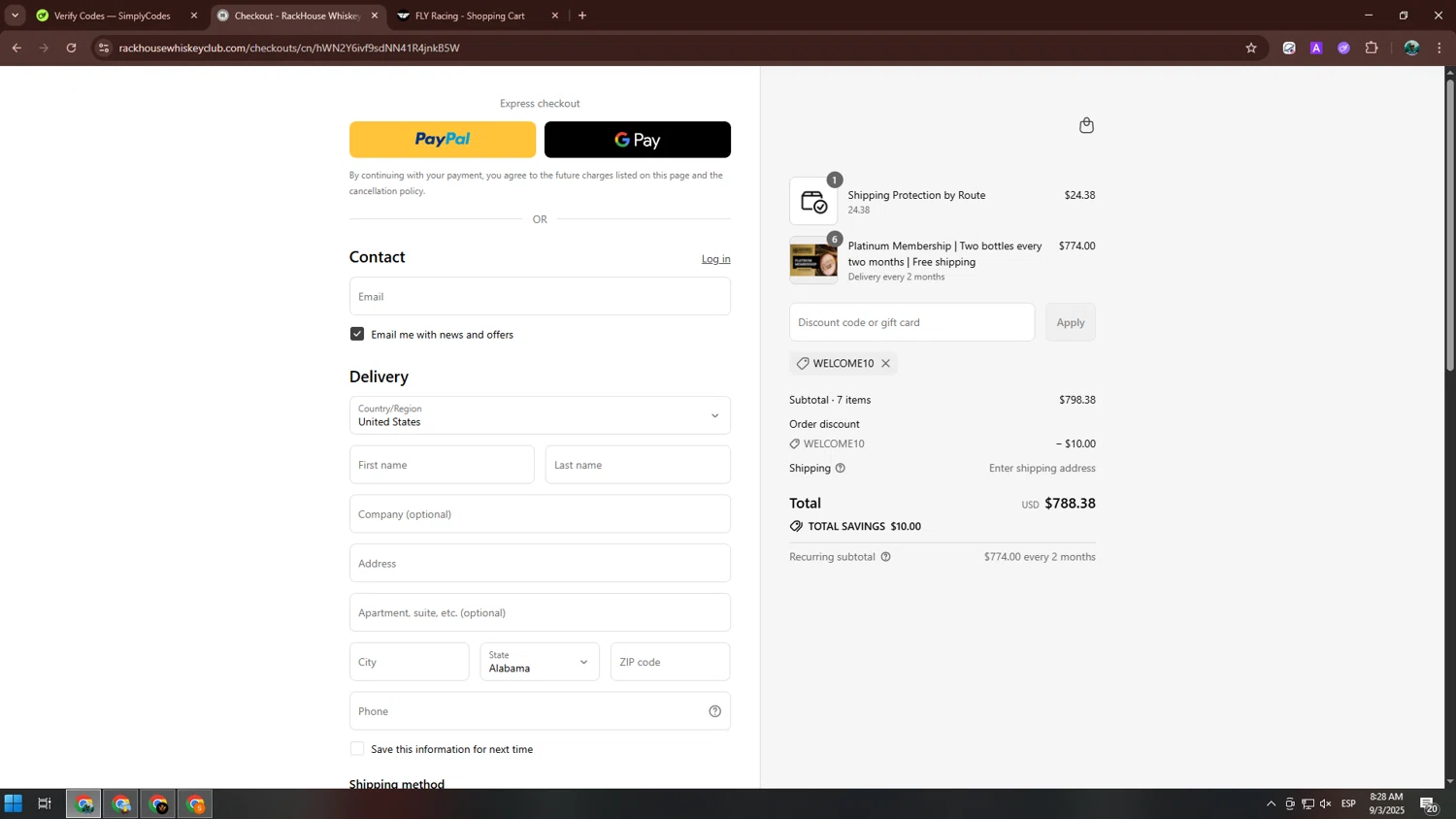 RackHouse Whiskey Club promo code screenshot showing code WELCOME10 applied at RackHouse Whiskey Club checkout page. Uploaded by SimplyCodes community member neurioandrades on Sep 3, 2025