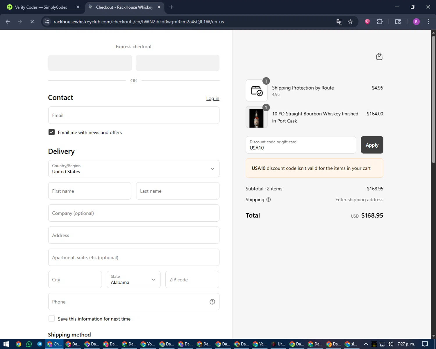 RackHouse Whiskey Club promo code screenshot showing code USA10 applied at RackHouse Whiskey Club checkout page. Uploaded by SimplyCodes community member travisscott on Sep 7, 2025