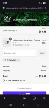 RA Cosmetics coupon verification screenshot