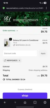 RA Cosmetics coupon verification screenshot