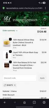RA Cosmetics coupon verification screenshot