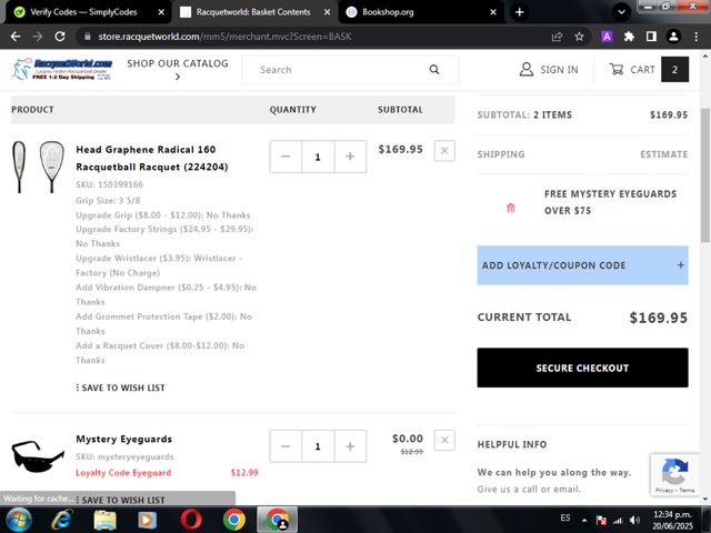 Racquetworld checkout page showing Racquetworld coupon code box | Screenshot taken by SimplyCodes community member on Jun 20, 2025