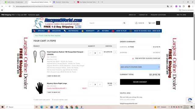 Racquetworld checkout page showing Racquetworld coupon code box | Screenshot taken by SimplyCodes community member on Aug 28, 2025