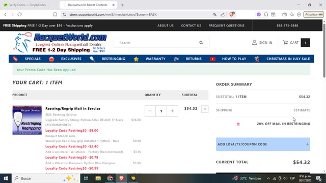Racquetworld checkout page showing Racquetworld coupon code box | Screenshot taken by SimplyCodes community member on Jul 30, 2025