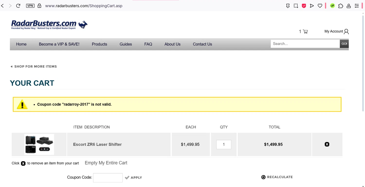 RadarBusters.com coupon code screenshot showing code radarroy-2017 applied at RadarBusters.com checkout page. Uploaded by SimplyCodes community member ______________________________ on May 6, 2025