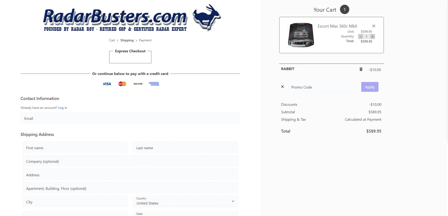 RadarBusters.com coupon code screenshot showing code RABBIT applied at RadarBusters.com checkout page. Uploaded by SimplyCodes community member DiscountWarden480 on Jul 2, 2025