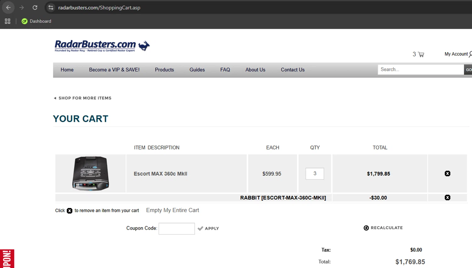 RadarBusters.com coupon code screenshot showing code RABBIT applied at RadarBusters.com checkout page. Uploaded by SimplyCodes community member Kony24 on Aug 29, 2025