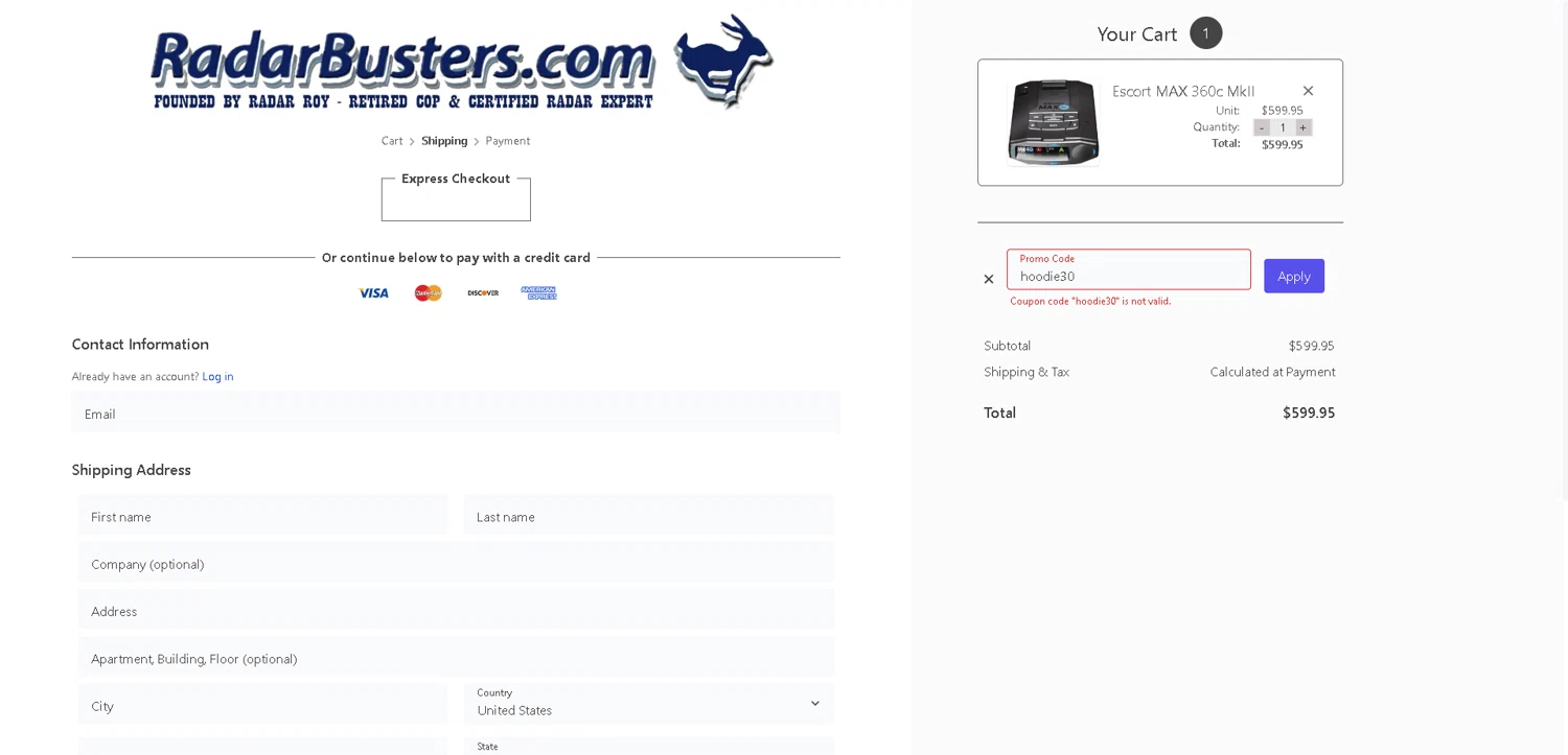 RadarBusters.com coupon code screenshot showing code RABBIT applied at RadarBusters.com checkout page. Uploaded by SimplyCodes community member PromoElite4745 on Aug 29, 2025