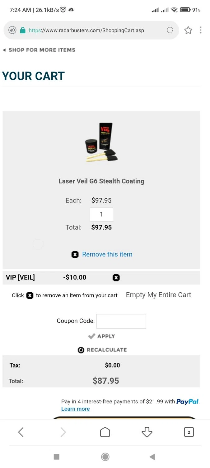 RadarBusters.com coupon code screenshot showing code VIP applied at RadarBusters.com checkout page. Uploaded by SimplyCodes community member NobleFox488 on Jan 7, 2025