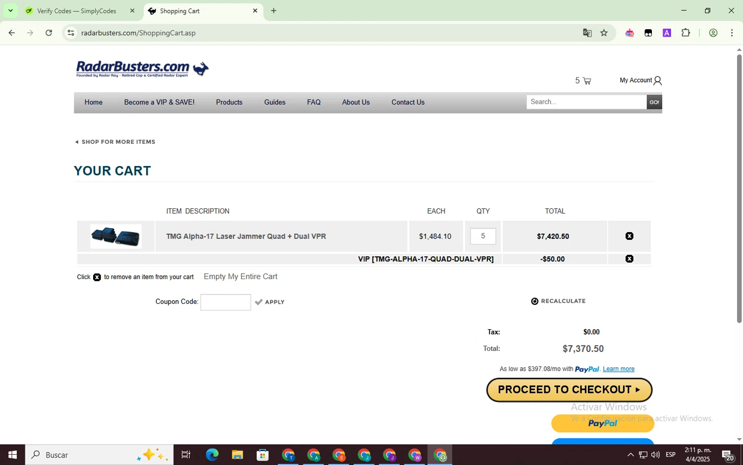 RadarBusters.com coupon code screenshot showing code VIP applied at RadarBusters.com checkout page. Uploaded by SimplyCodes community member BrilliantLynx1642 on Apr 4, 2025