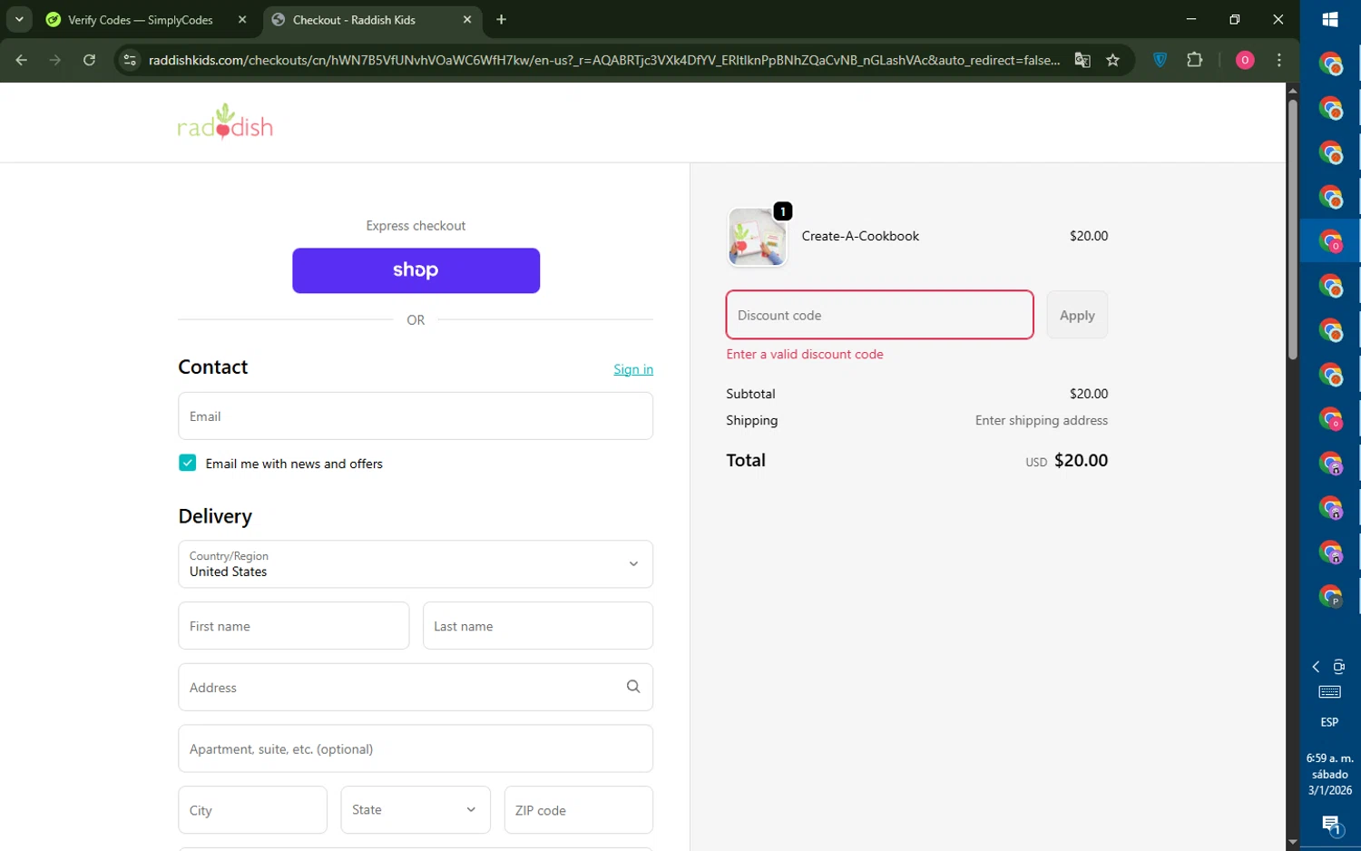 Raddish Kids promo code screenshot showing code FRIENDSGIVING applied at Raddish Kids checkout page. Uploaded by SimplyCodes community member LegendaryRanger6350 on Jan 3, 2026