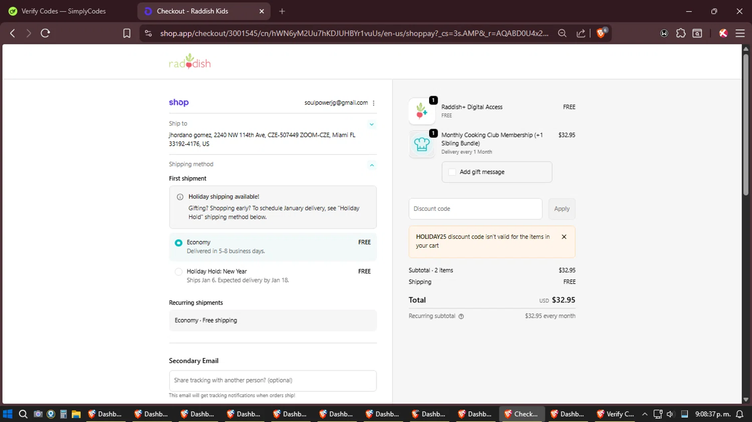 Raddish Kids promo code screenshot showing code HOLIDAY25 applied at Raddish Kids checkout page. Uploaded by SimplyCodes community member Amidamaru on Dec 29, 2025