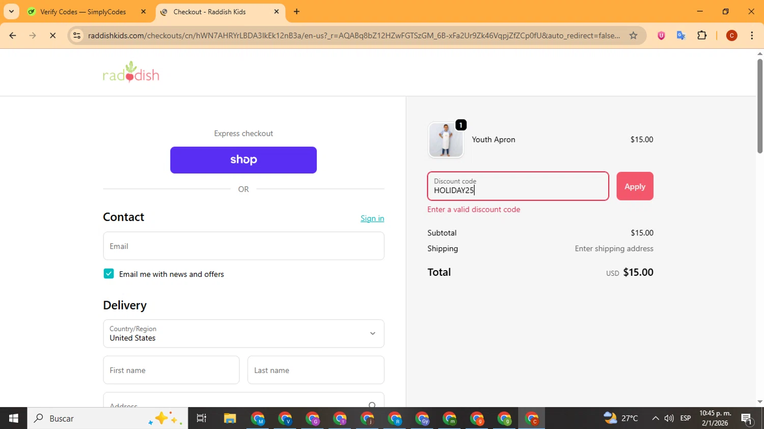 Raddish Kids promo code screenshot showing code HOLIDAY25 applied at Raddish Kids checkout page. Uploaded by SimplyCodes community member Playstatiton2 on Jan 3, 2026