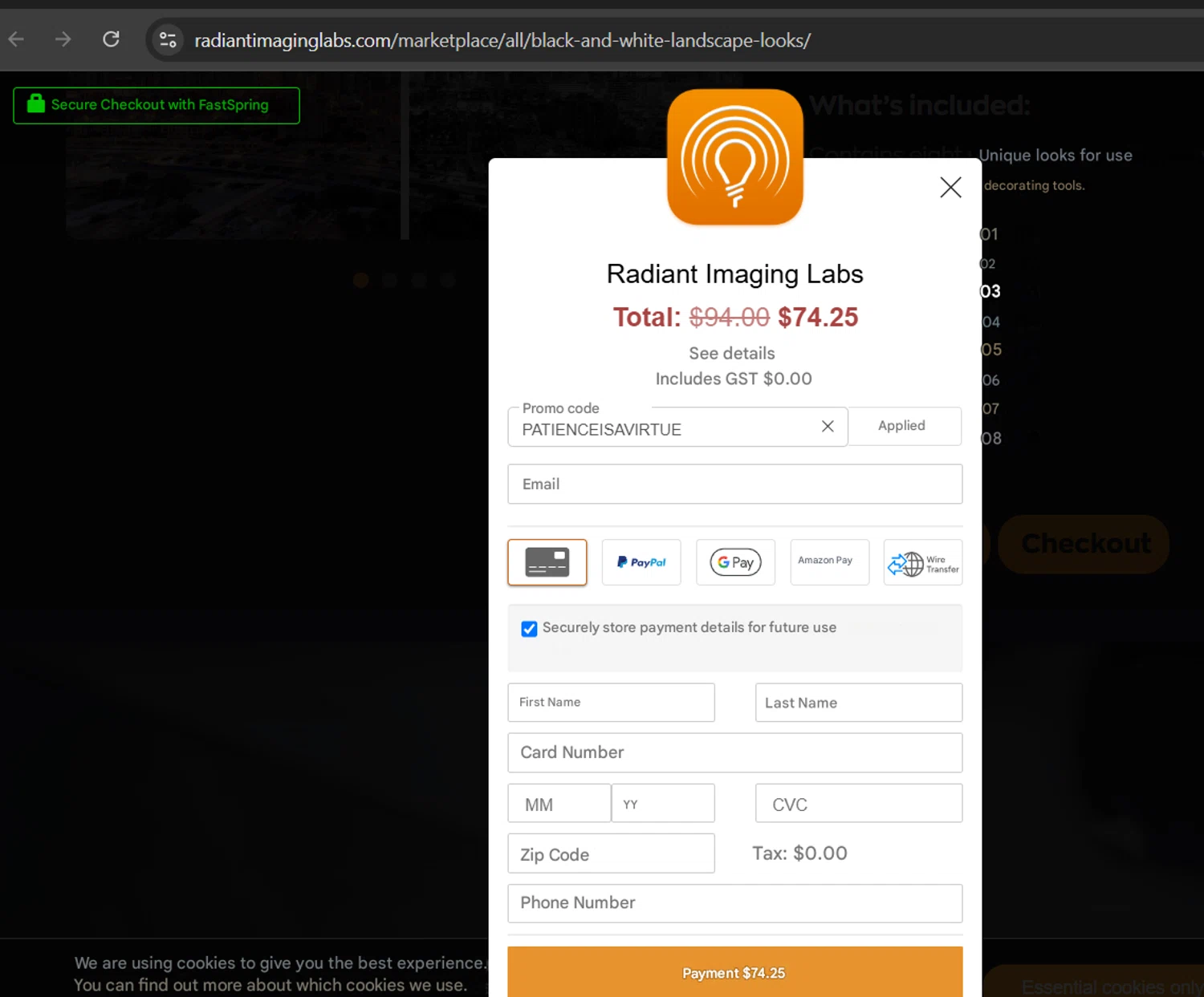 Radiant Imaging Labs promo code screenshot showing code PATIENCEISAVIRTUE applied at Radiant Imaging Labs checkout page. Uploaded by SimplyCodes community member Gray_75 on May 19, 2025
