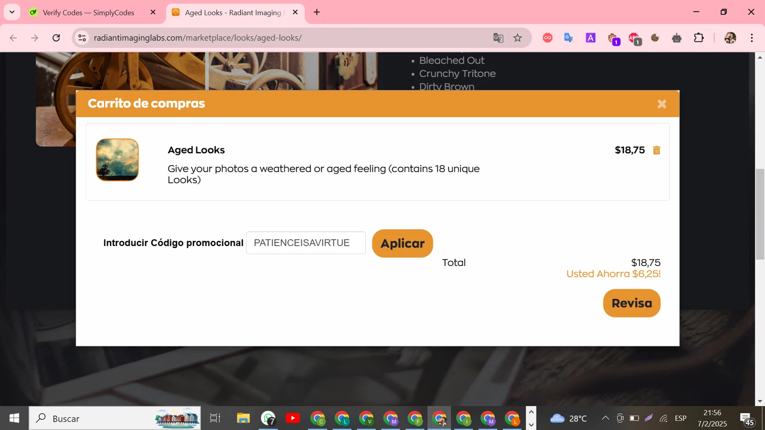 Radiant Imaging Labs promo code screenshot showing code PATIENCEISAVIRTUE applied at Radiant Imaging Labs checkout page. Uploaded by SimplyCodes community member Susejprimera on Feb 8, 2025