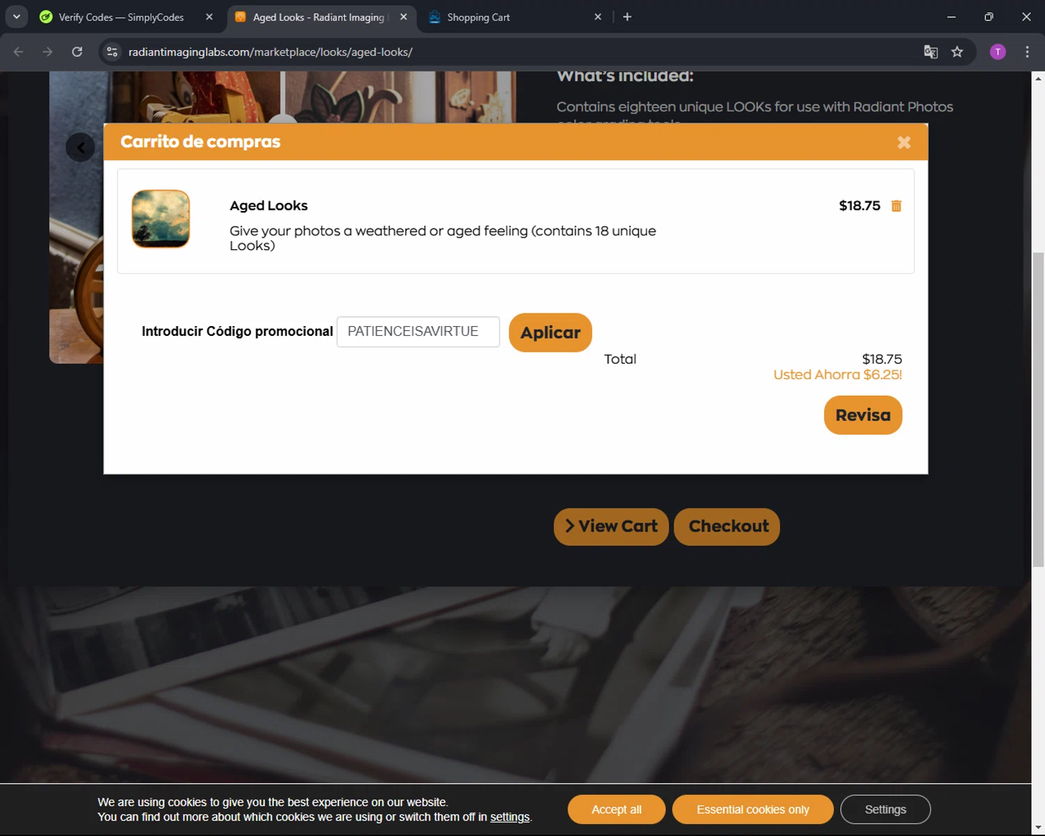 Radiant Imaging Labs promo code screenshot showing code PATIENCEISAVIRTUE applied at Radiant Imaging Labs checkout page. Uploaded by SimplyCodes community member CleverFinder9623 on Jan 13, 2025