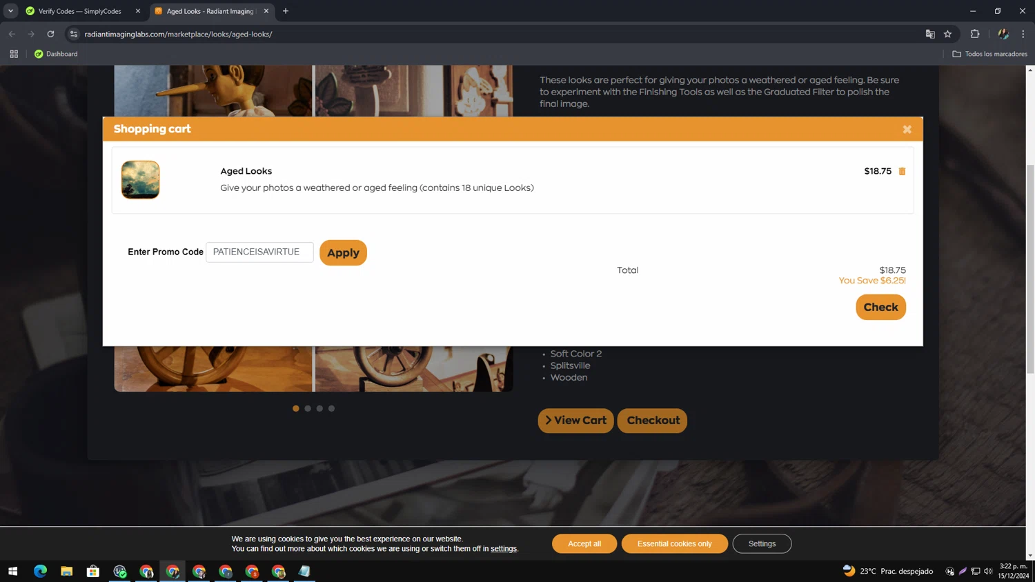 Radiant Imaging Labs checkout page showing Radiant Imaging Labs promo code box | Screenshot taken by SimplyCodes community member on Dec 15, 2024
