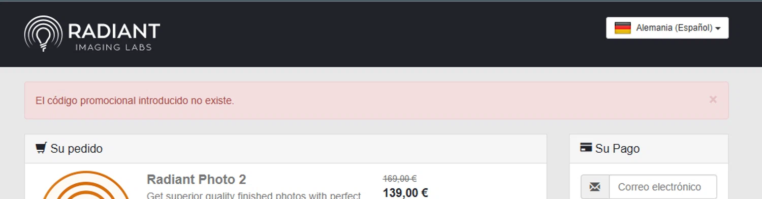 Radiant Imaging Labs promo code screenshot showing code RP2LAUNCH applied at Radiant Imaging Labs checkout page. Uploaded by SimplyCodes community member Xiooh292929 on Jan 14, 2025