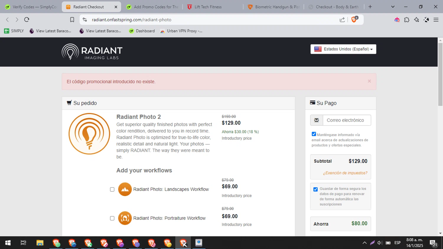 Radiant Imaging Labs promo code screenshot showing code RP2LAUNCH applied at Radiant Imaging Labs checkout page. Uploaded by SimplyCodes community member cuponbara on Jan 14, 2025