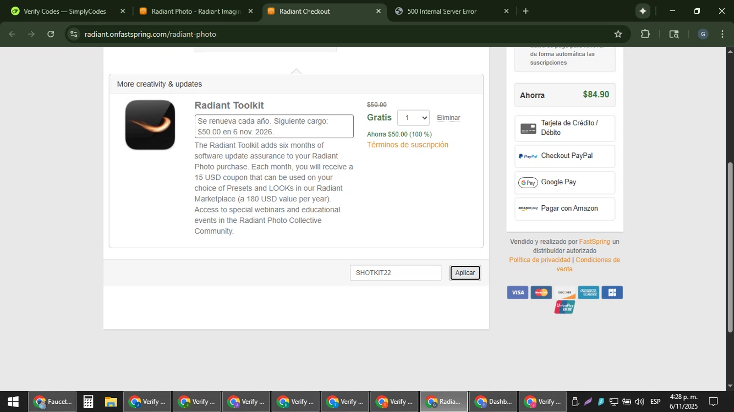 Radiant Imaging Labs promo code screenshot showing code SHOTKIT22 applied at Radiant Imaging Labs checkout page. Uploaded by SimplyCodes community member gabinharris55 on Nov 6, 2025