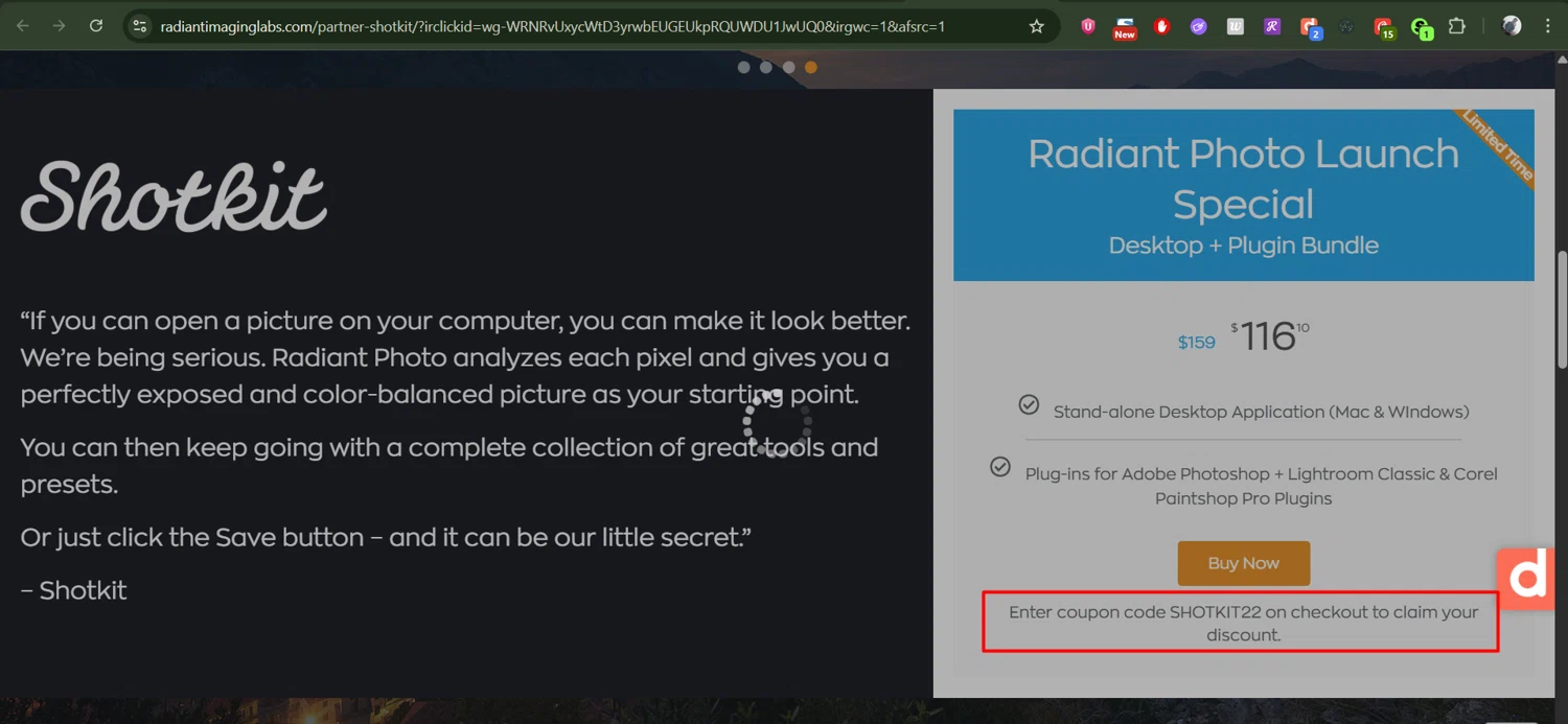 Radiant Imaging Labs promo code screenshot showing code SHOTKIT22 applied at Radiant Imaging Labs checkout page. Uploaded by SimplyCodes community member antonietarodriguez96 on Nov 6, 2025