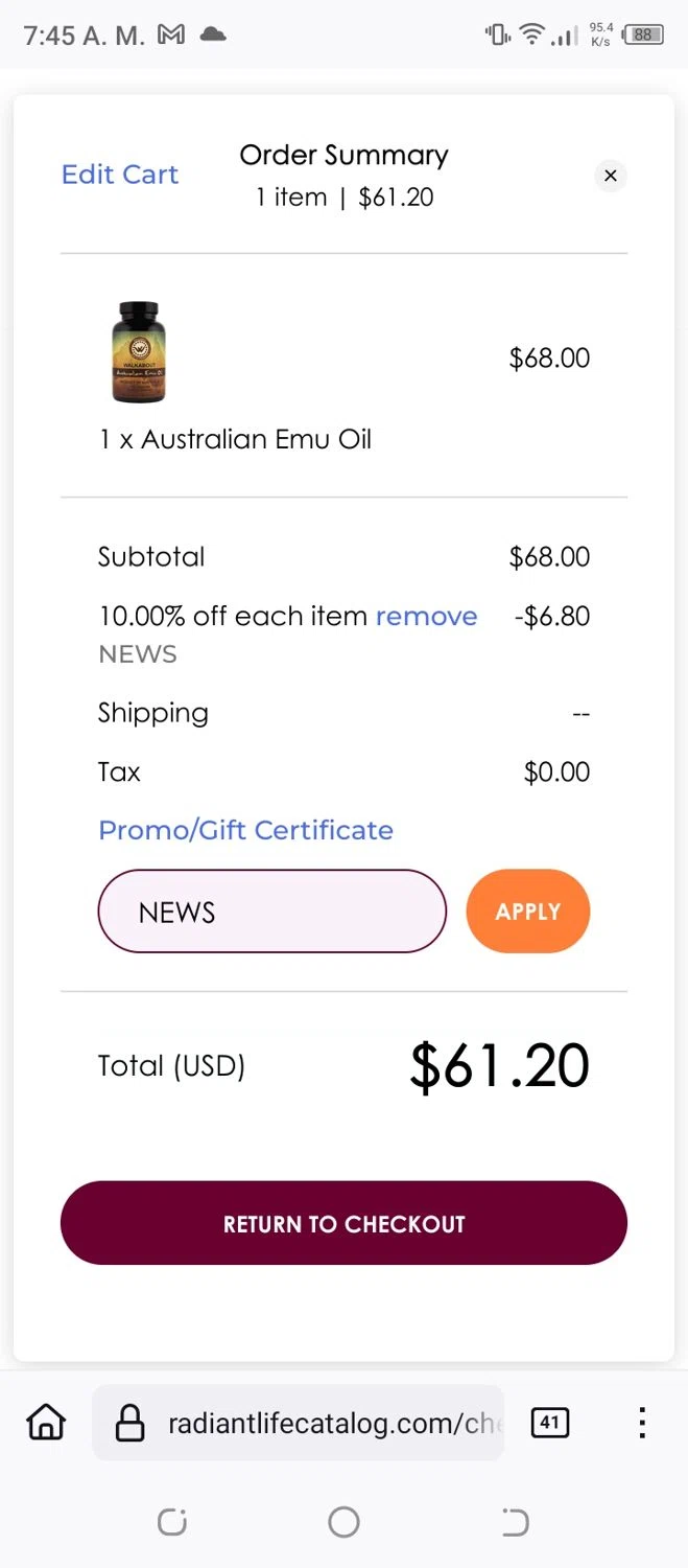 Radiant Life promo code screenshot showing code NEWS applied at Radiant Life checkout page. Uploaded by SimplyCodes community member Franco20 on May 8, 2025